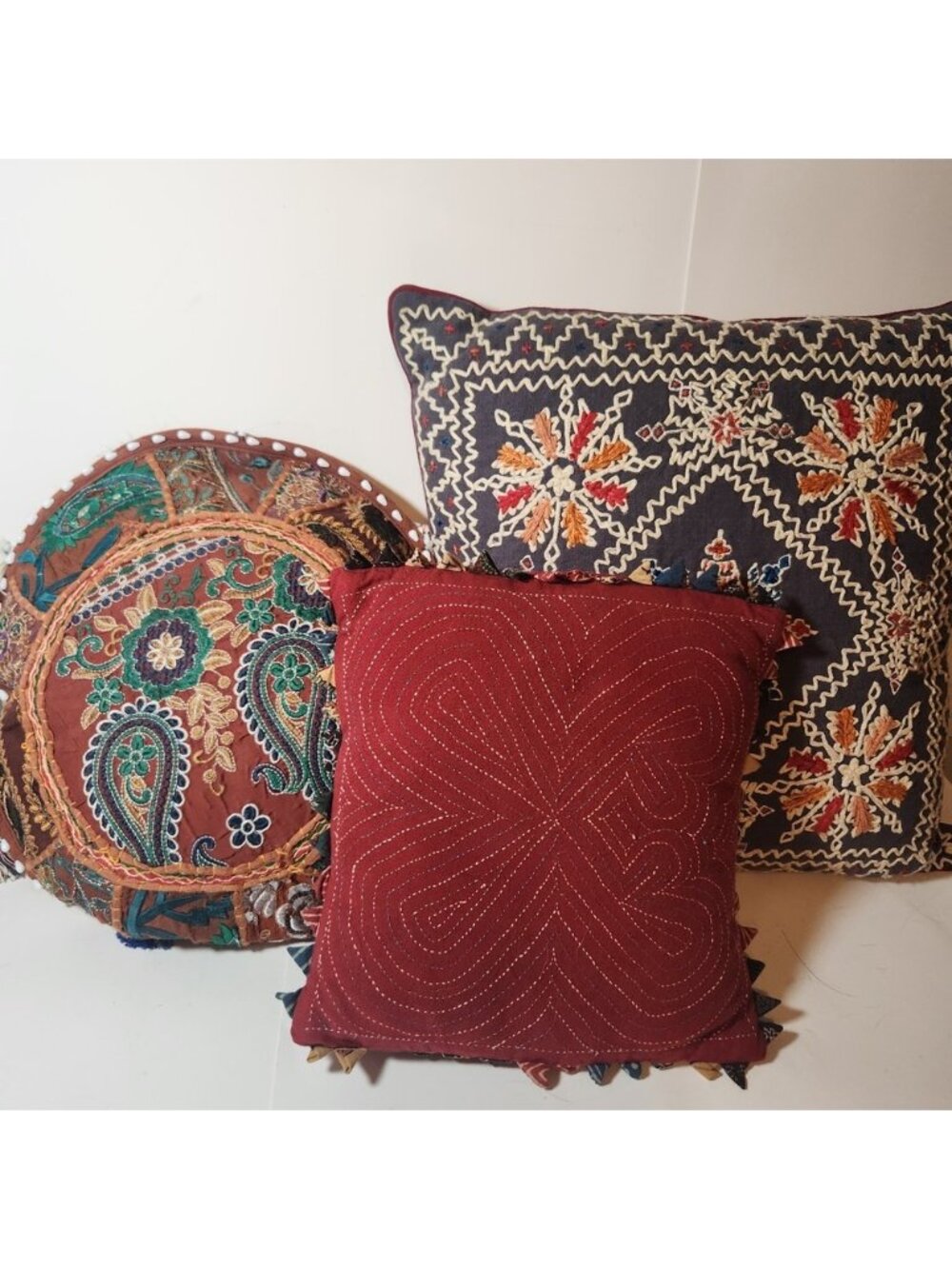 Boho Embroidered Throw Pillow Set 3pc Paisley Kantha Geometric Eclectic Decor